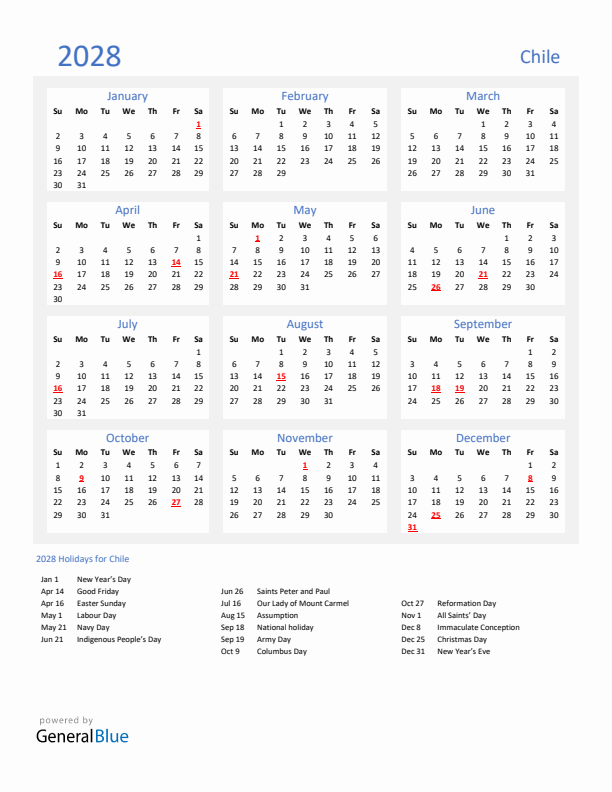 Basic Yearly Calendar with Holidays in Chile for 2028