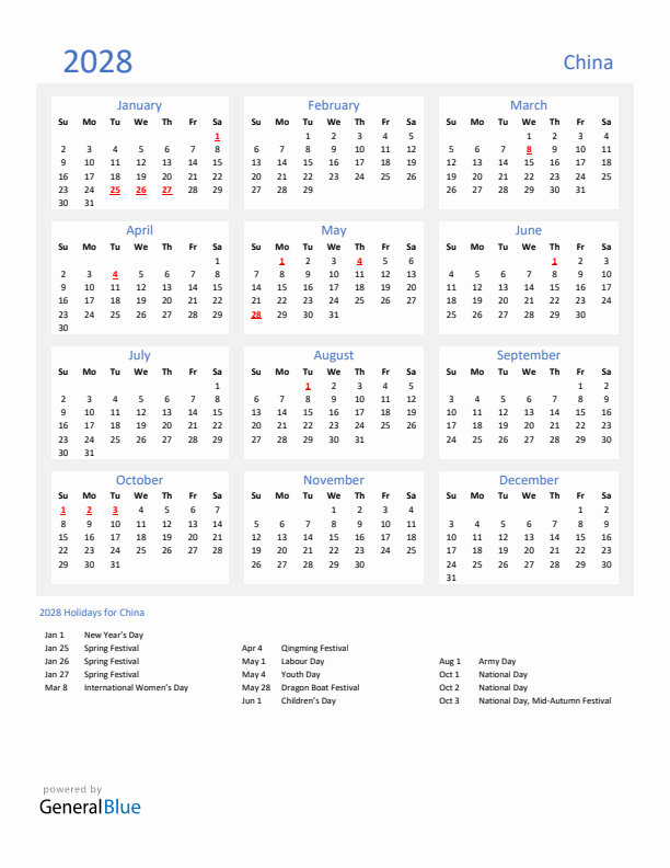 Basic Yearly Calendar with Holidays in China for 2028