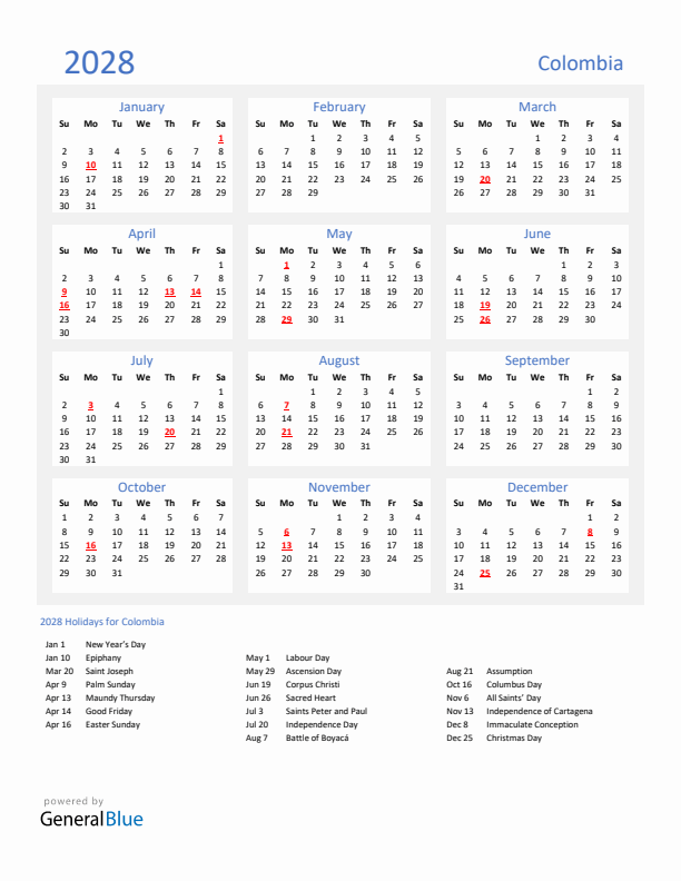 Basic Yearly Calendar with Holidays in Colombia for 2028