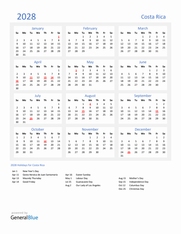 Basic Yearly Calendar with Holidays in Costa Rica for 2028