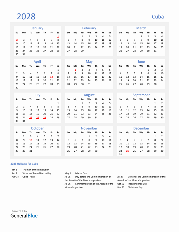 Basic Yearly Calendar with Holidays in Cuba for 2028