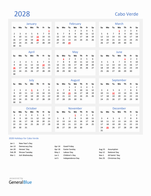 Basic Yearly Calendar with Holidays in Cabo Verde for 2028