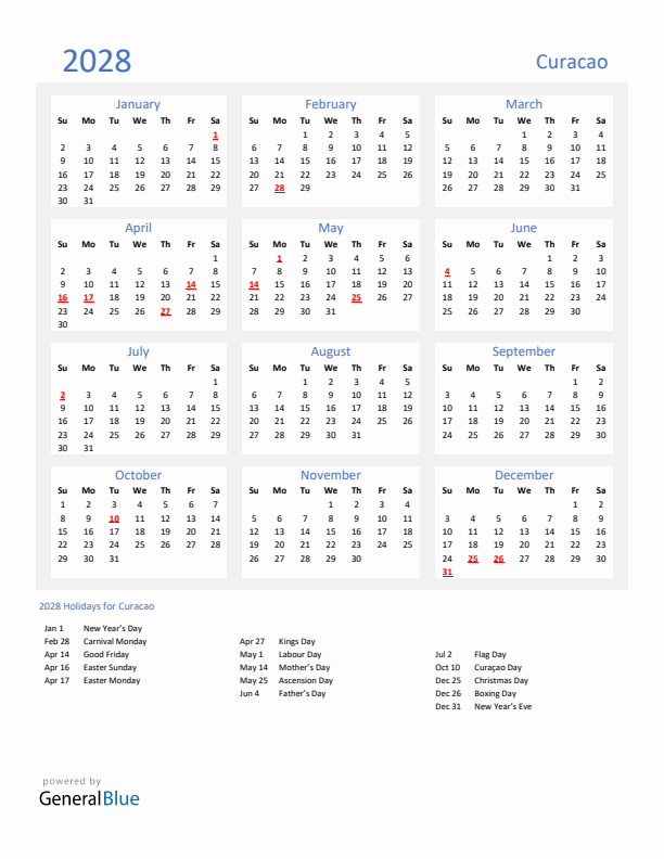 Basic Yearly Calendar with Holidays in Curacao for 2028