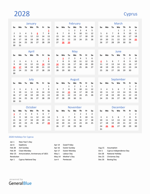 Basic Yearly Calendar with Holidays in Cyprus for 2028
