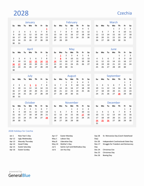 Basic Yearly Calendar with Holidays in Czechia for 2028 