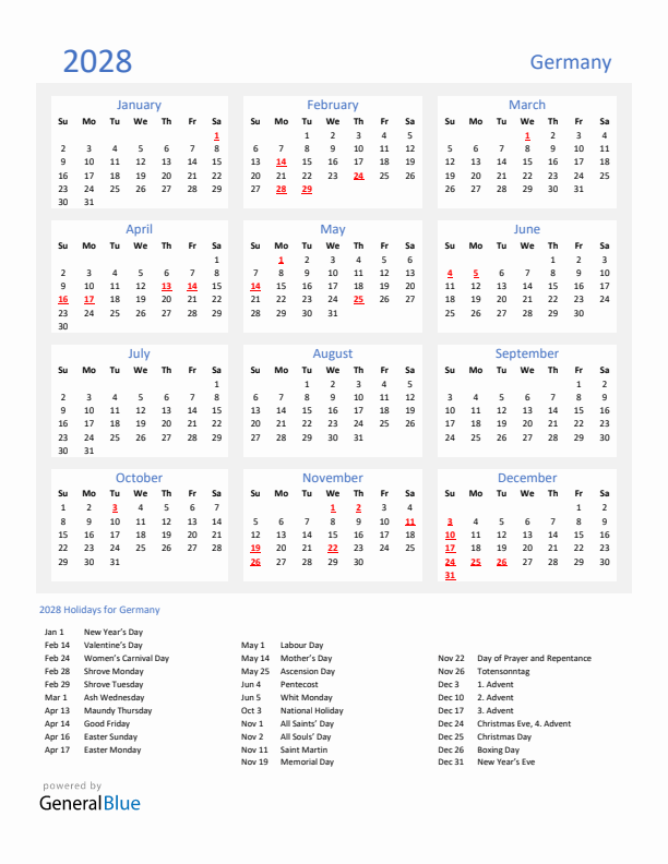 Basic Yearly Calendar with Holidays in Germany for 2028