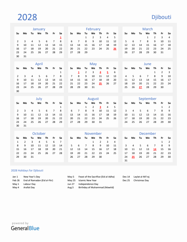 Basic Yearly Calendar with Holidays in Djibouti for 2028 
