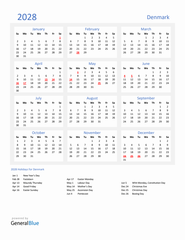 Basic Yearly Calendar with Holidays in Denmark for 2028