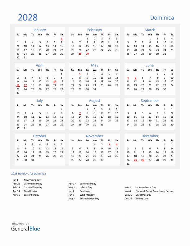 Basic Yearly Calendar with Holidays in Dominica for 2028