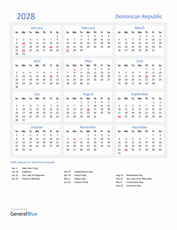 Basic Yearly Calendar with Holidays in Dominican Republic for 2028