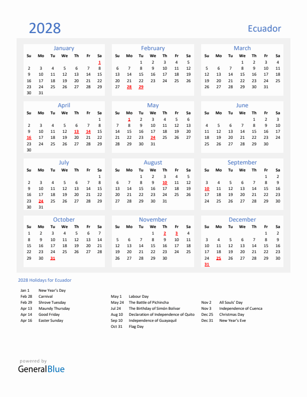 Basic Yearly Calendar with Holidays in Ecuador for 2028