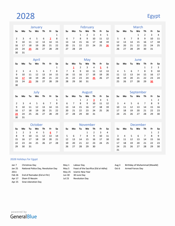 Basic Yearly Calendar with Holidays in Egypt for 2028 