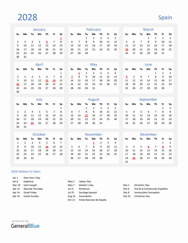 Basic Yearly Calendar with Holidays in Spain for 2028