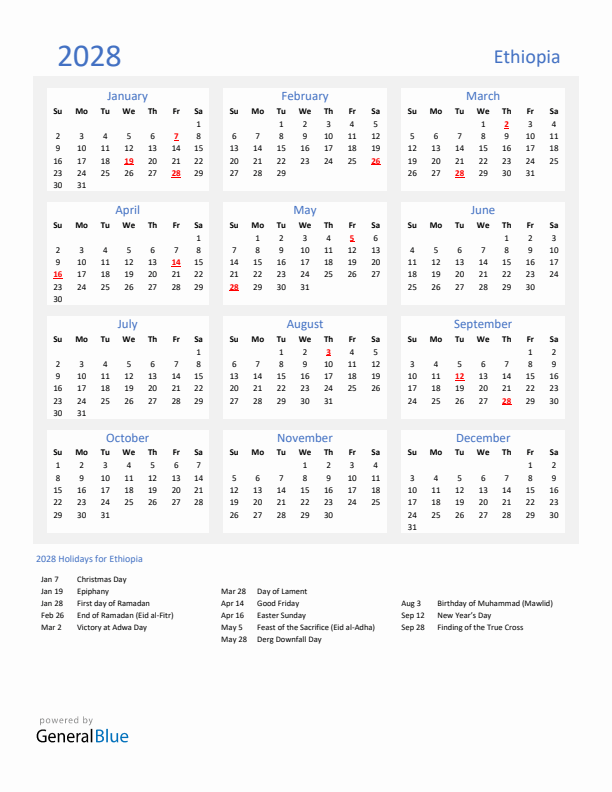 Basic Yearly Calendar with Holidays in Ethiopia for 2028