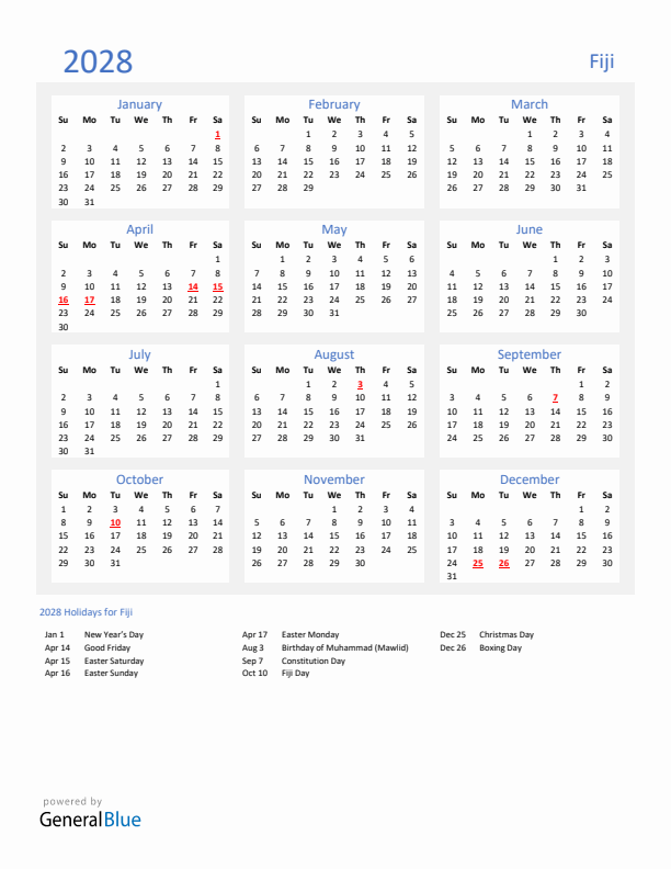 Basic Yearly Calendar with Holidays in Fiji for 2028 