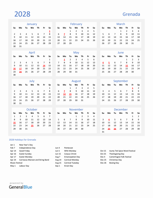 Basic Yearly Calendar with Holidays in Grenada for 2028