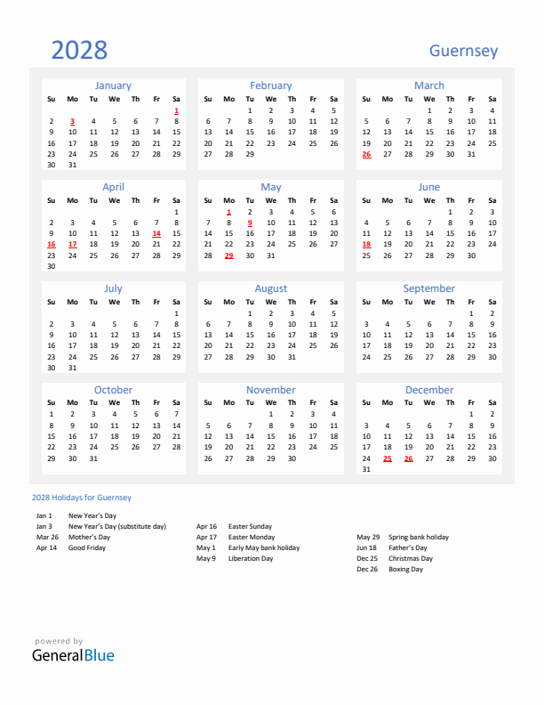 Basic Yearly Calendar with Holidays in Guernsey for 2028
