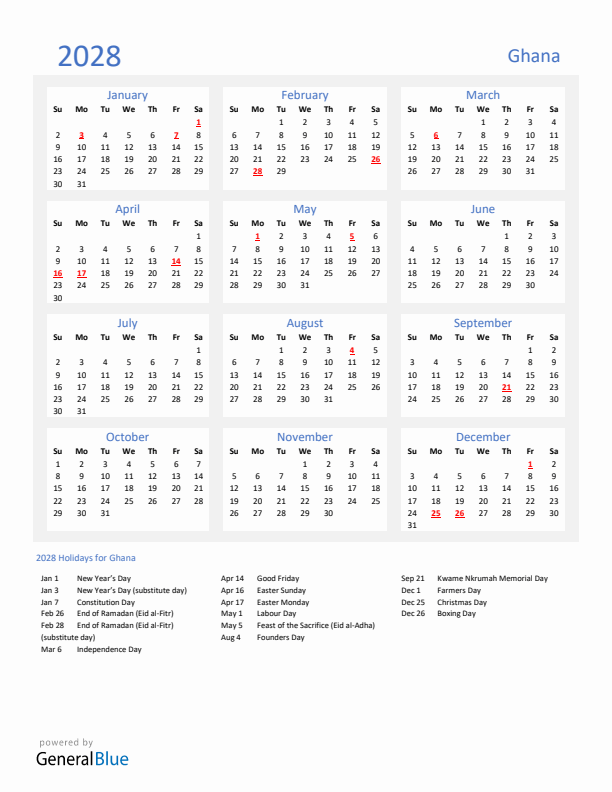 Basic Yearly Calendar with Holidays in Ghana for 2028 