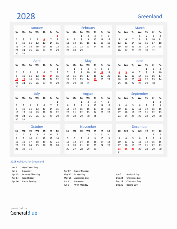 Basic Yearly Calendar with Holidays in Greenland for 2028