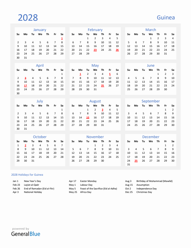 Basic Yearly Calendar with Holidays in Guinea for 2028 