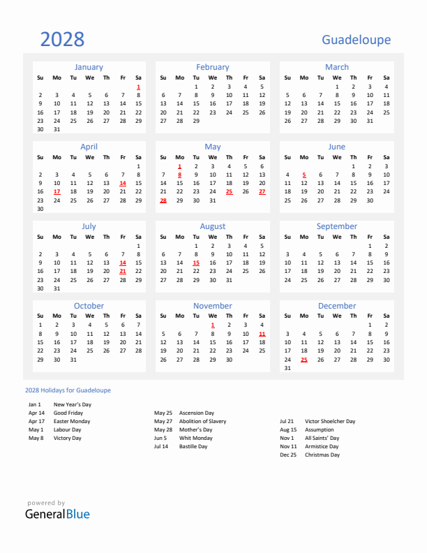 Basic Yearly Calendar with Holidays in Guadeloupe for 2028