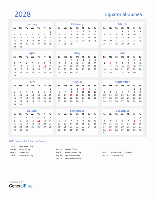 Basic Yearly Calendar with Holidays in Equatorial Guinea for 2028