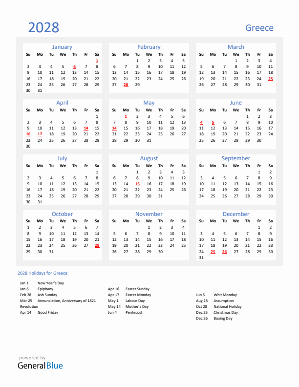 Basic Yearly Calendar with Holidays in Greece for 2028