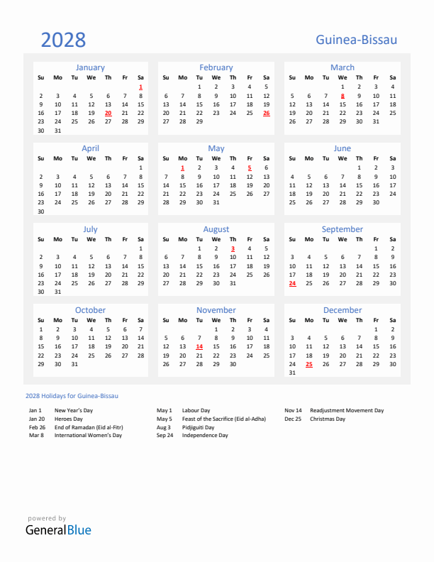 Basic Yearly Calendar with Holidays in Guinea-Bissau for 2028 