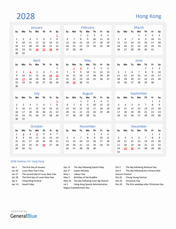 Basic Yearly Calendar with Holidays in Hong Kong for 2028 
