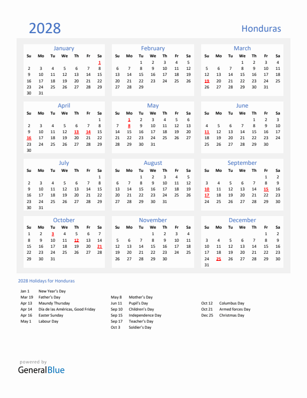 Basic Yearly Calendar with Holidays in Honduras for 2028