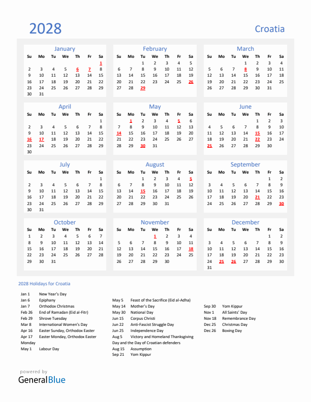 Basic Yearly Calendar with Holidays in Croatia for 2028