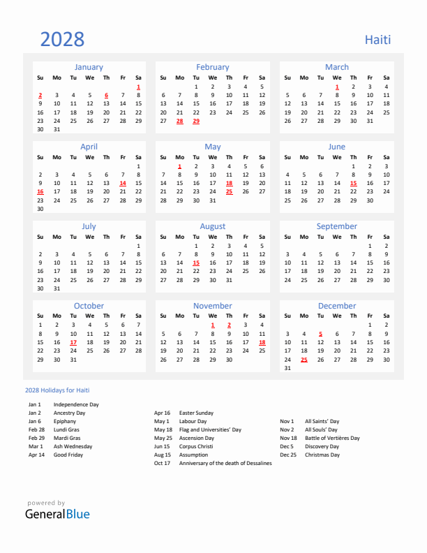 Basic Yearly Calendar with Holidays in Haiti for 2028