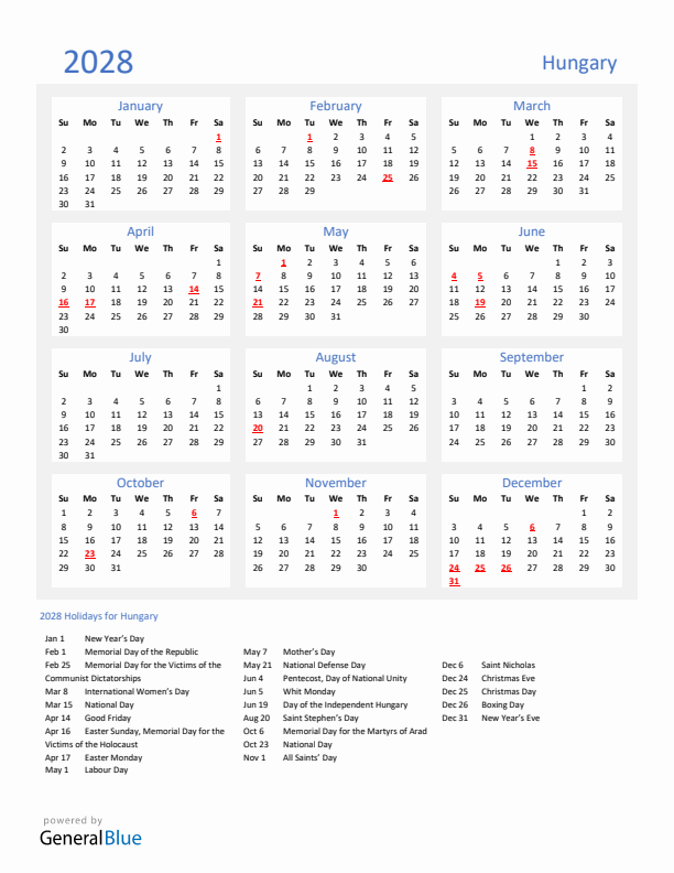Basic Yearly Calendar with Holidays in Hungary for 2028
