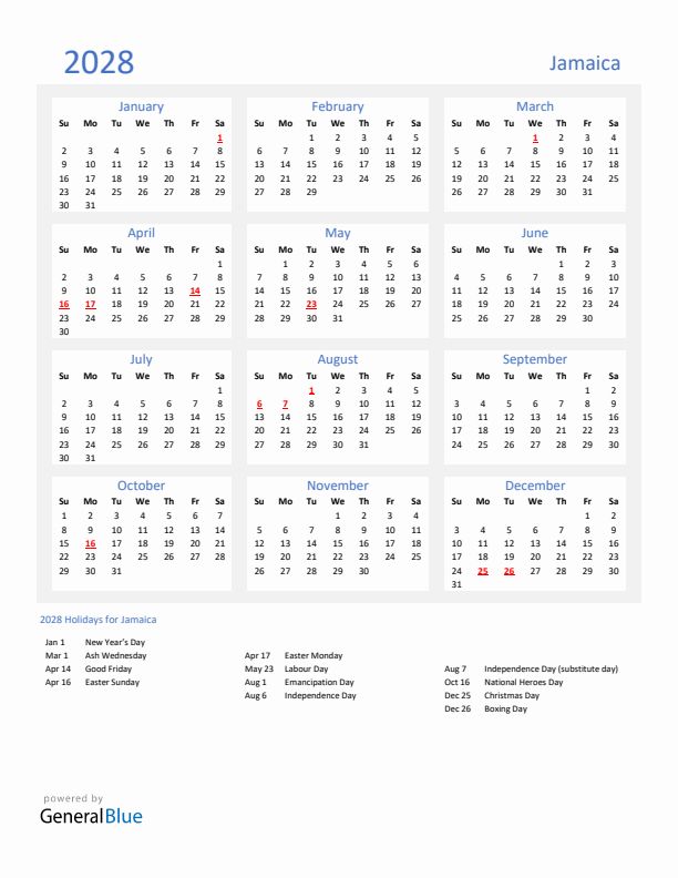 Basic Yearly Calendar with Holidays in Jamaica for 2028
