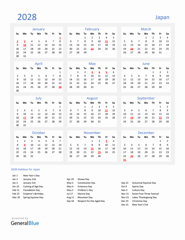 Basic Yearly Calendar with Holidays in Japan for 2028