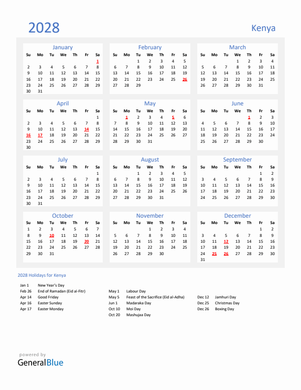 Basic Yearly Calendar with Holidays in Kenya for 2028