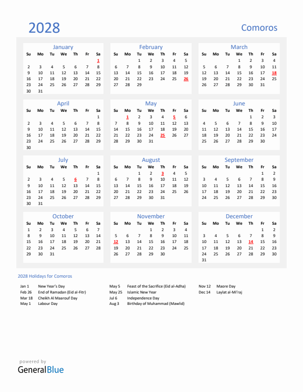 Basic Yearly Calendar with Holidays in Comoros for 2028 