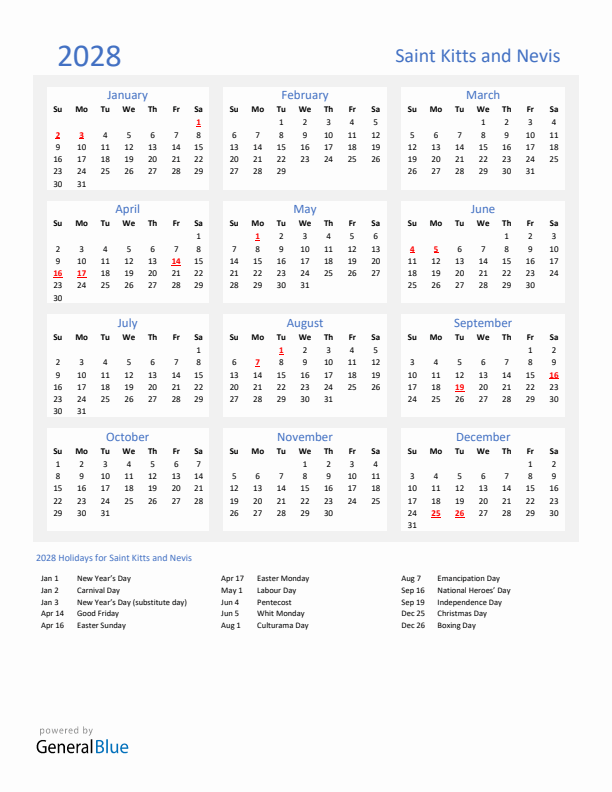 Basic Yearly Calendar with Holidays in Saint Kitts and Nevis for 2028 