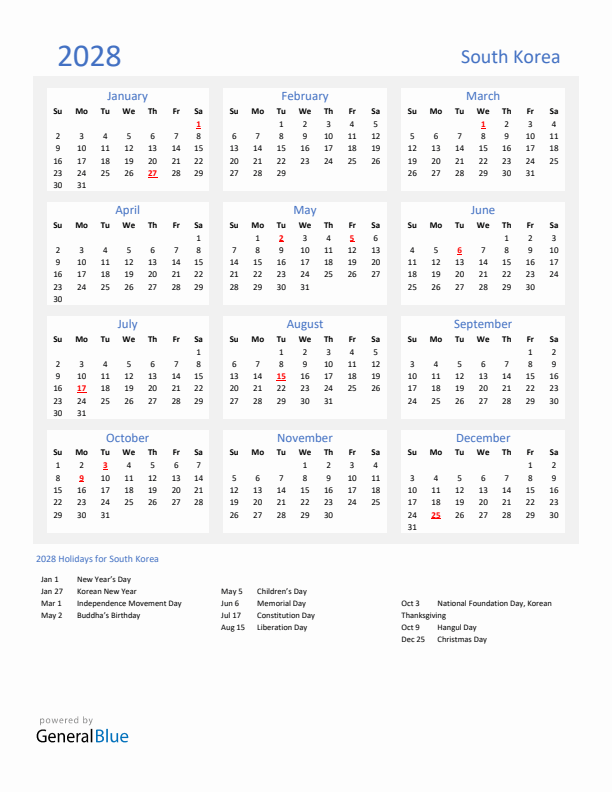 Basic Yearly Calendar with Holidays in South Korea for 2028
