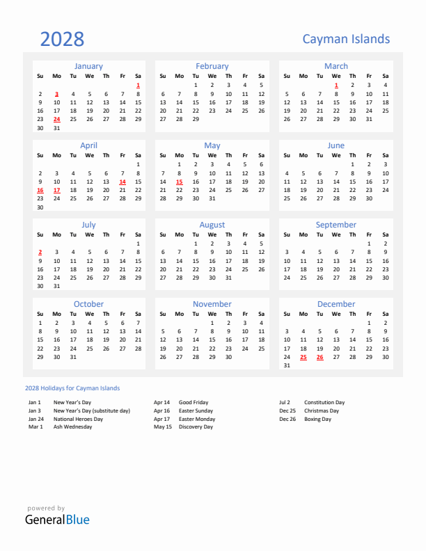 Basic Yearly Calendar with Holidays in Cayman Islands for 2028 