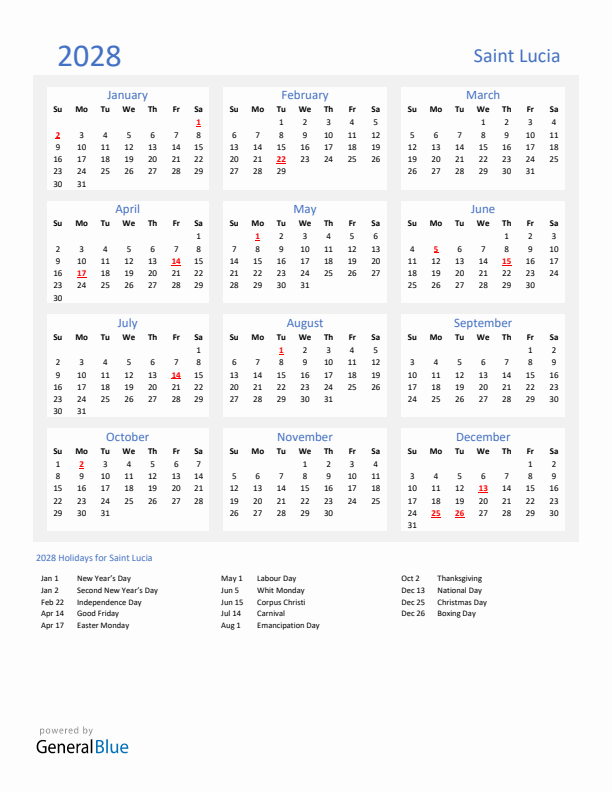 Basic Yearly Calendar with Holidays in Saint Lucia for 2028 
