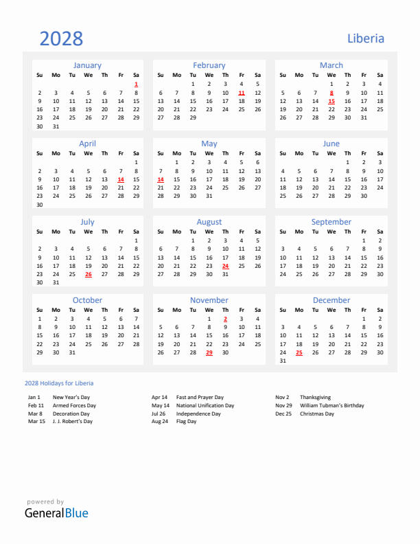Basic Yearly Calendar with Holidays in Liberia for 2028 