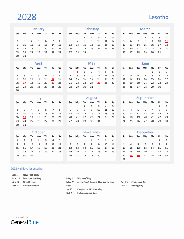 Basic Yearly Calendar with Holidays in Lesotho for 2028