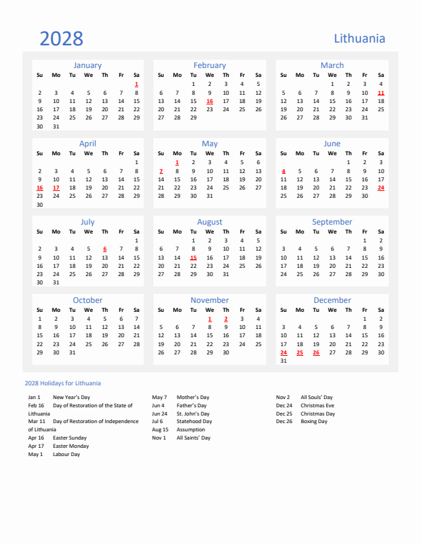 Basic Yearly Calendar with Holidays in Lithuania for 2028 