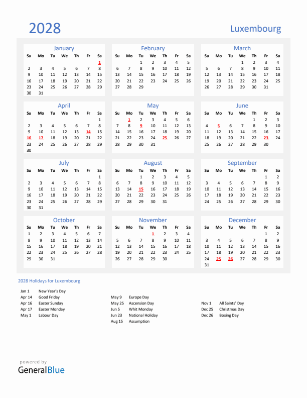 Basic Yearly Calendar with Holidays in Luxembourg for 2028