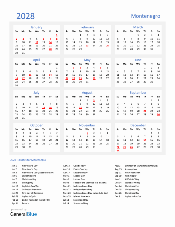 Basic Yearly Calendar with Holidays in Montenegro for 2028 