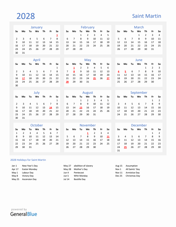 Basic Yearly Calendar with Holidays in Saint Martin for 2028 