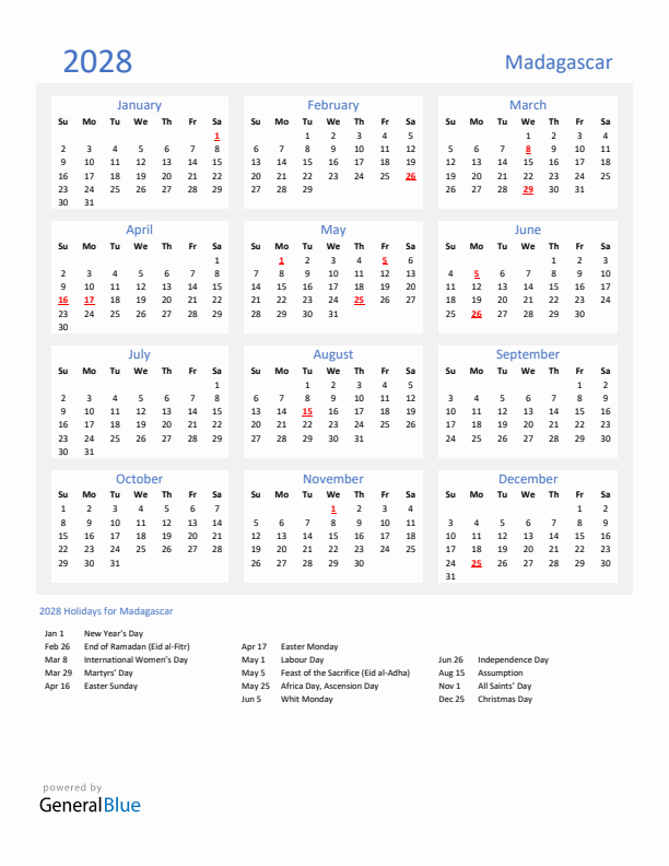 Basic Yearly Calendar with Holidays in Madagascar for 2028