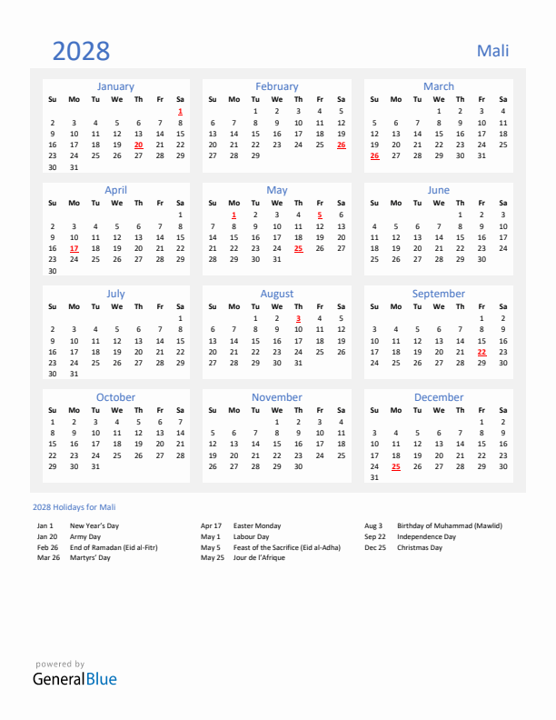 Basic Yearly Calendar with Holidays in Mali for 2028 