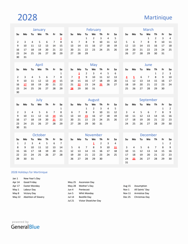 Basic Yearly Calendar with Holidays in Martinique for 2028